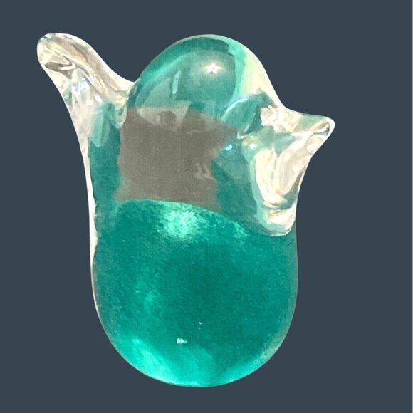 Mini Green Teal Clear Small Hand Blown Glass Bird Figurine Paperweight Vintage - Picture 2 of 8